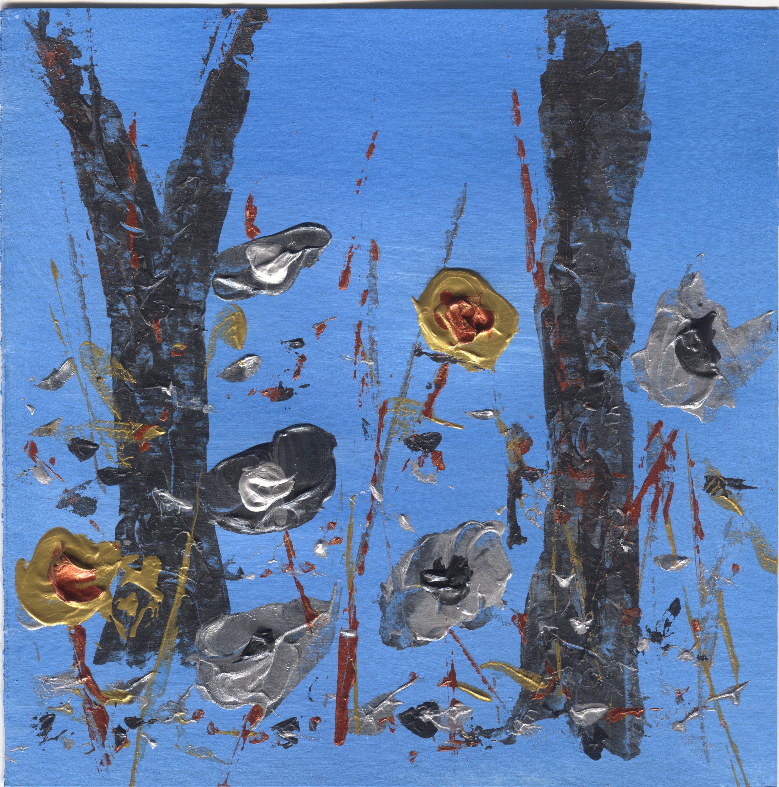 Two grey trunks on a blue ground carry silver, gold and copper blossoms among red flecks.