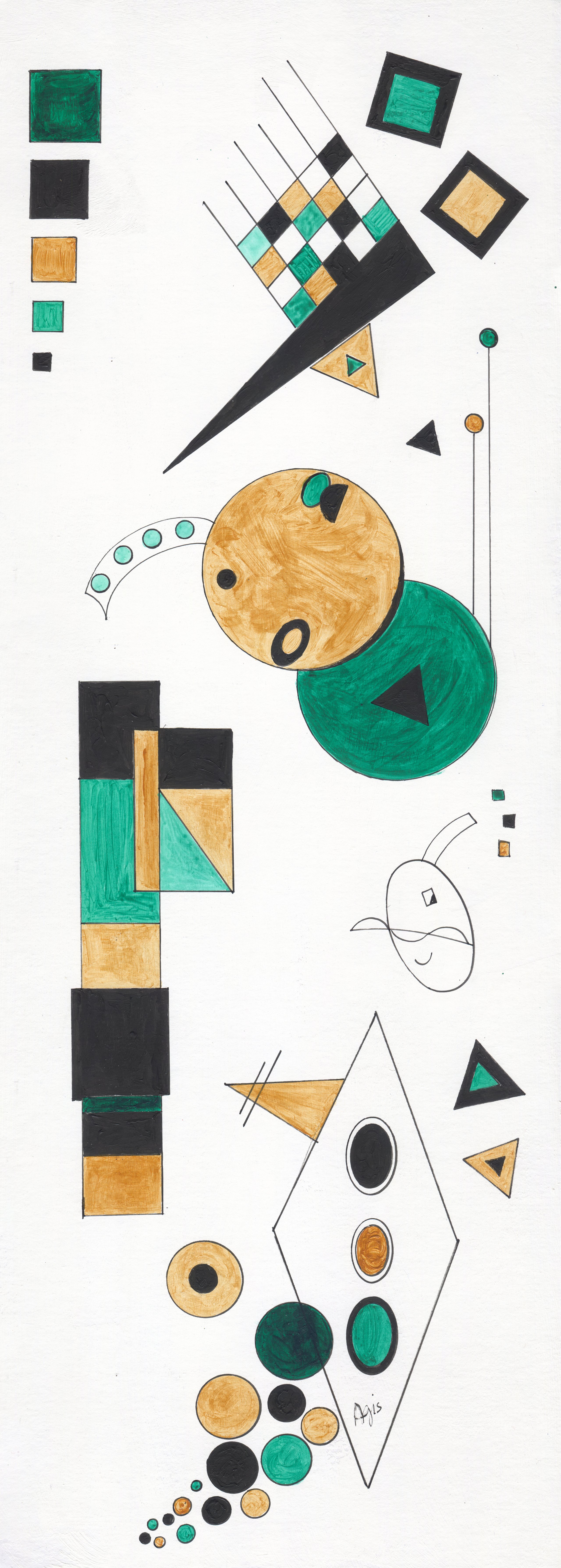 Tall geometric abstract on a white ground: green, gold and black squares, discs and triangles scatter around a gold disc, with a small drawn face at the right.