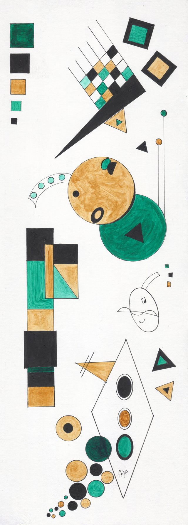Tall geometric abstract on a white ground: green, gold and black squares, discs and triangles scatter around a gold disc, with a small drawn face at the right.