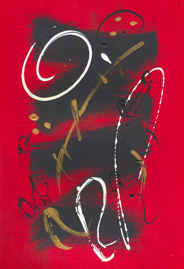White and gold loops and black marks cross a charcoal block on a red ground.