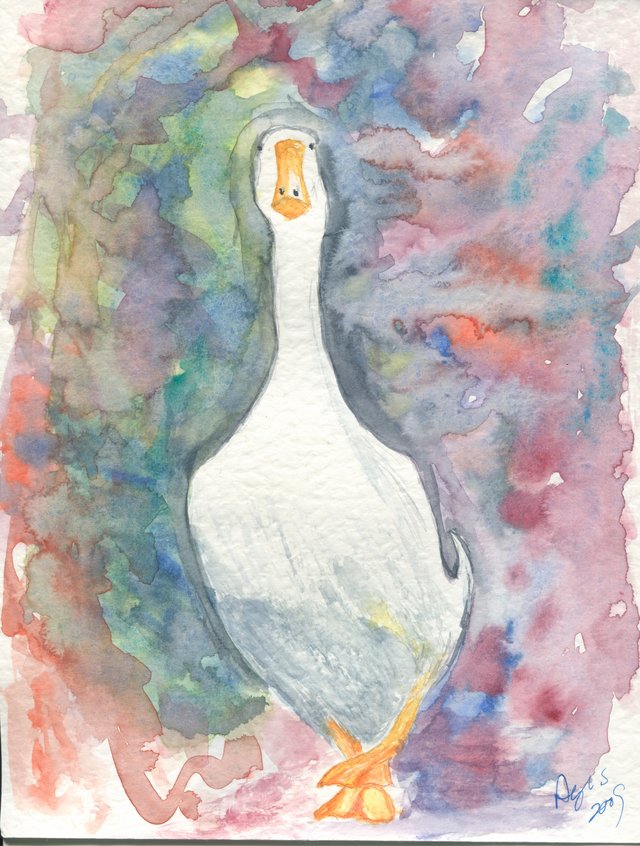 A white goose with an orange bill and feet stands facing the viewer against a mottled wash of purple, green, blue and red.