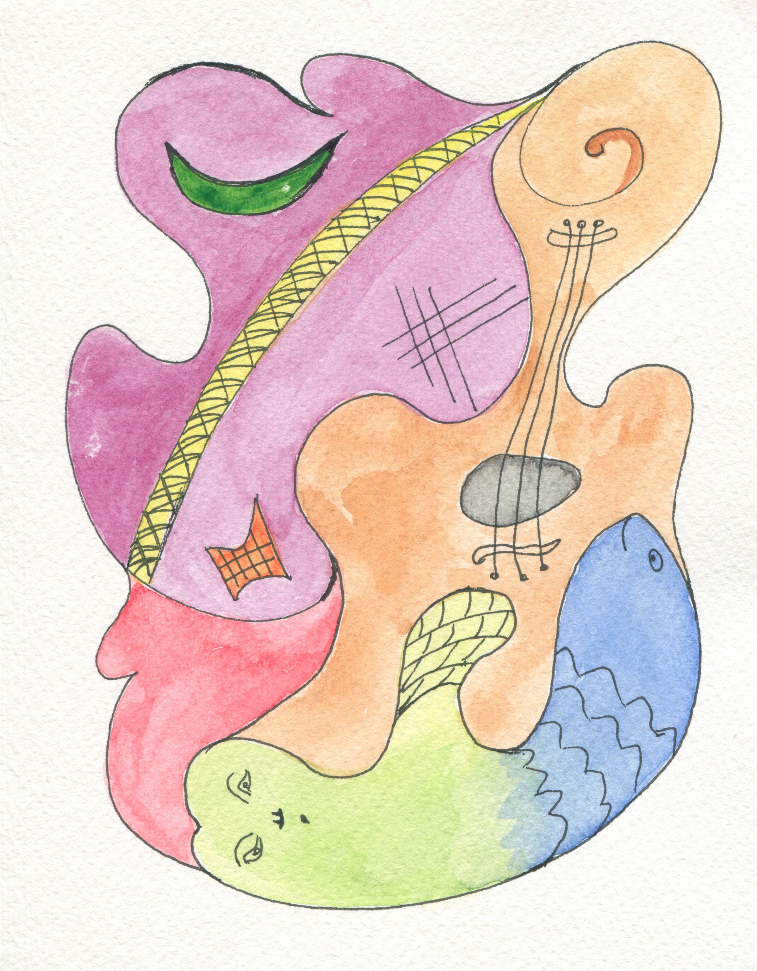 A guitar whose body flows into a fish, painted in soft purple, orange, green, blue and red watercolour with ink outlines.