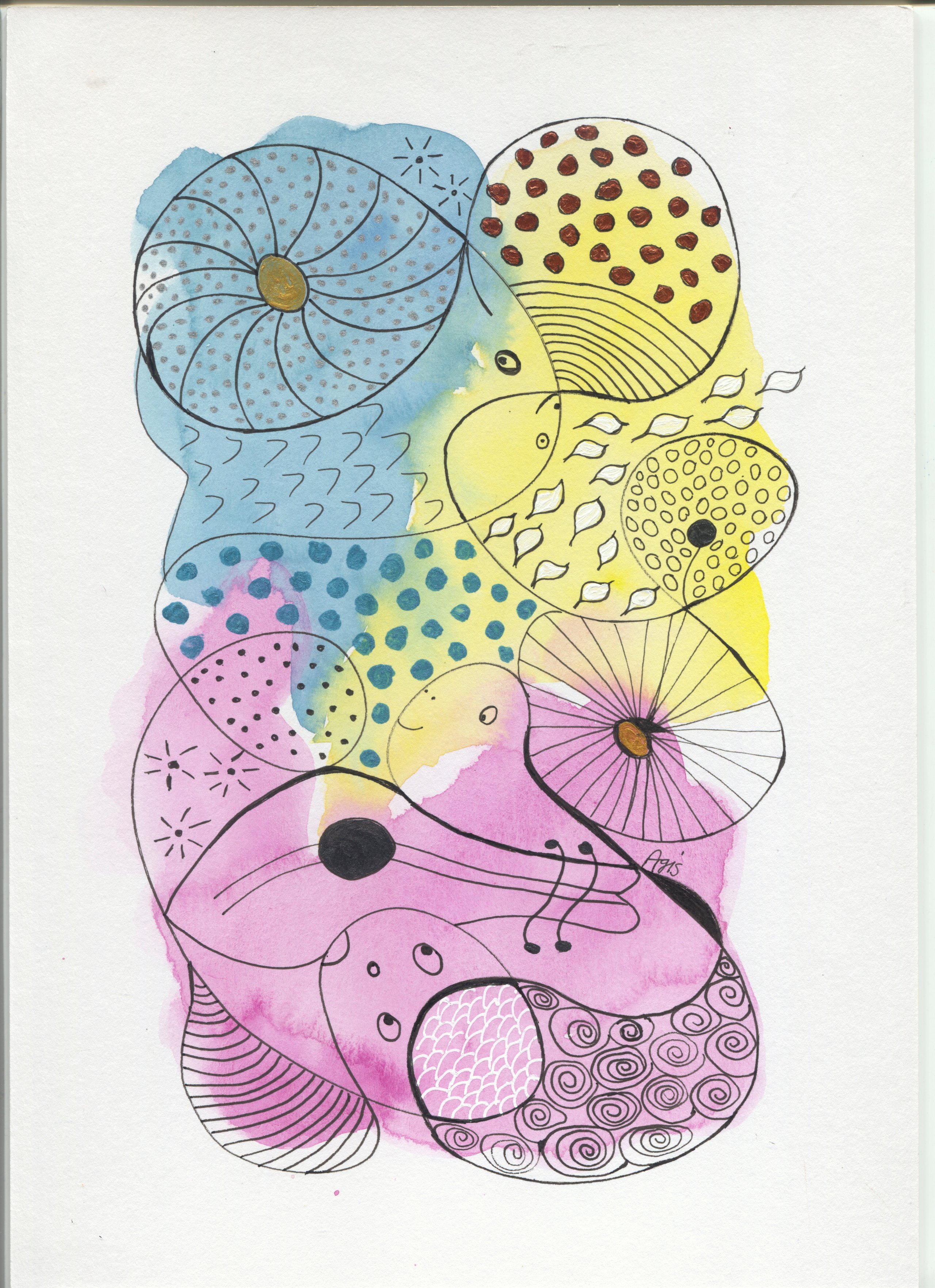 Looping outlines enclose spirals, scales, dots and leaf shapes over blue, yellow and pink washes with gold centres.