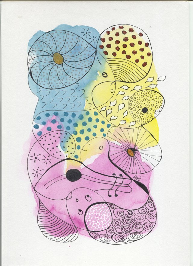 Looping outlines enclose spirals, scales, dots and leaf shapes over blue, yellow and pink washes with gold centres.
