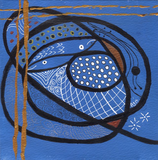 Black looped outlines enclose white dots, scales and net patterns over a blue ground, crossed by two copper-gold vertical stripes with a gold band along the top.