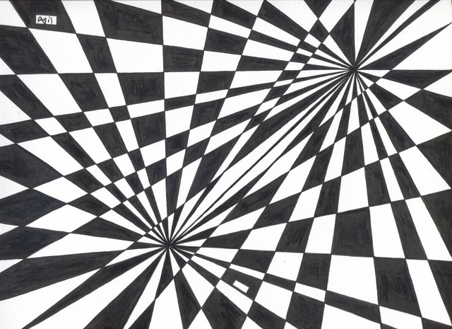 Black and white op-art: chequered facets radiate from two vanishing points, upper right and lower left, like a warped tiled floor.