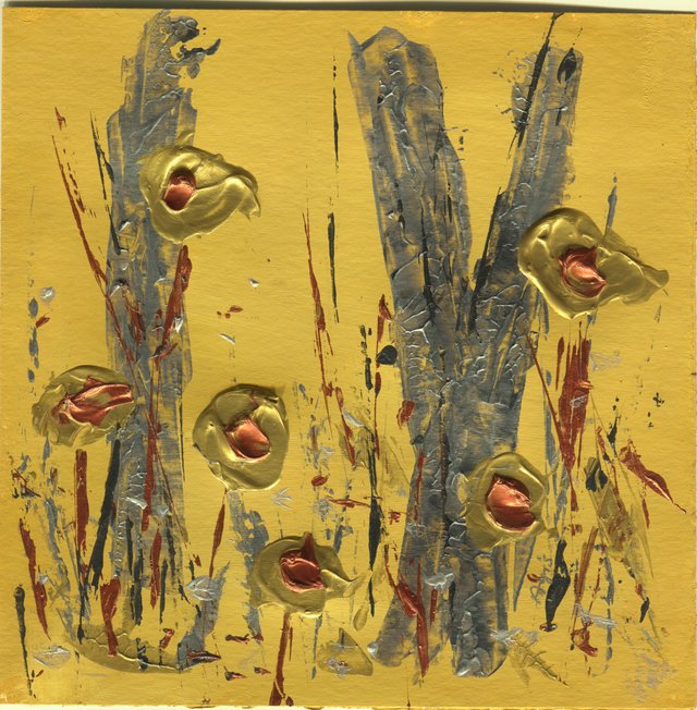 Grey stump-like trunks on a gold ground carry gold and copper blossoms among red and silver splashes.