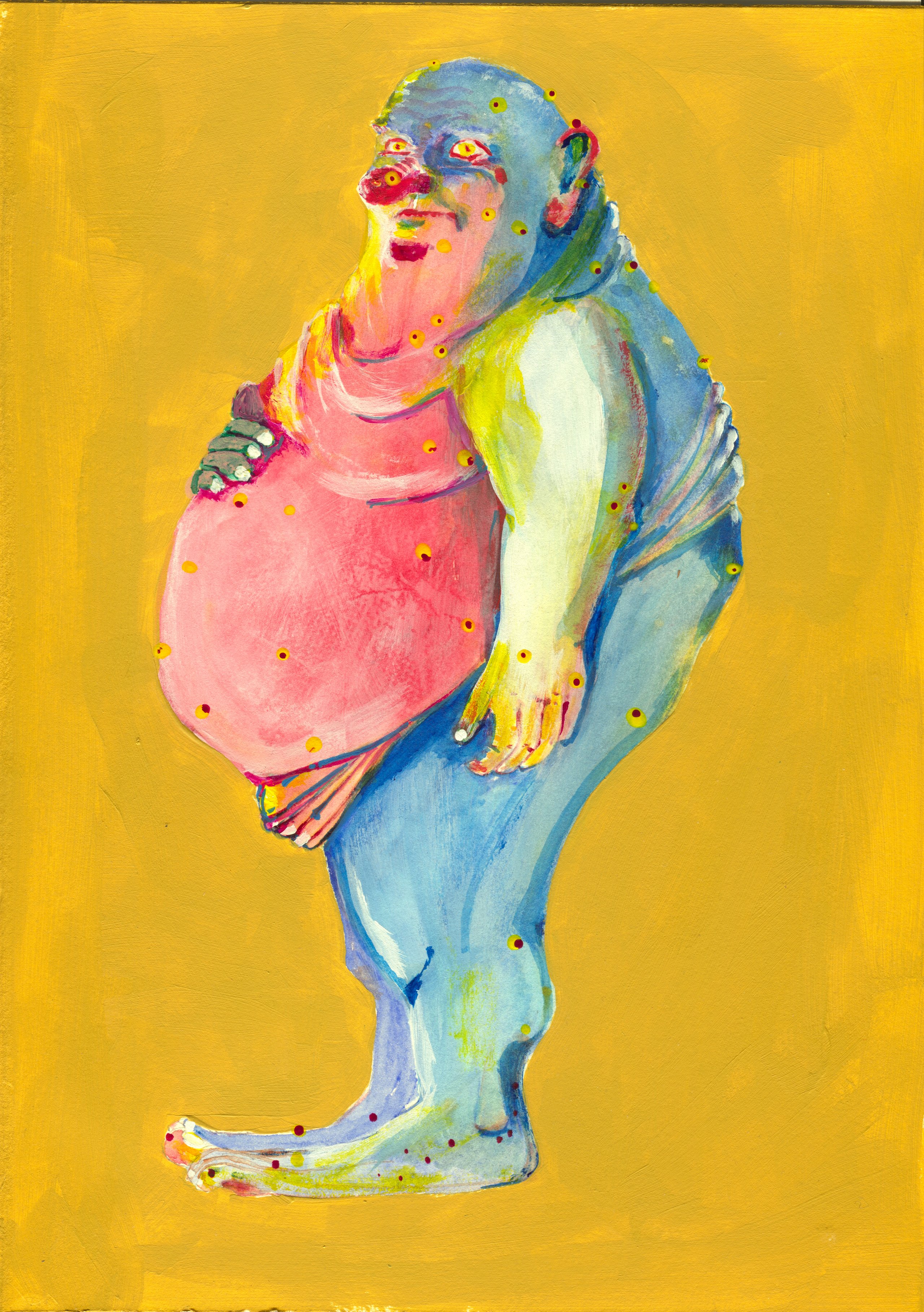 A pot-bellied blue and pink figure speckled with yellow and red spots stands in profile on a mustard yellow ground.