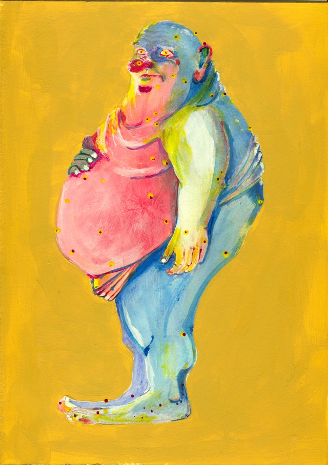 A pot-bellied blue and pink figure speckled with yellow and red spots stands in profile on a mustard yellow ground.