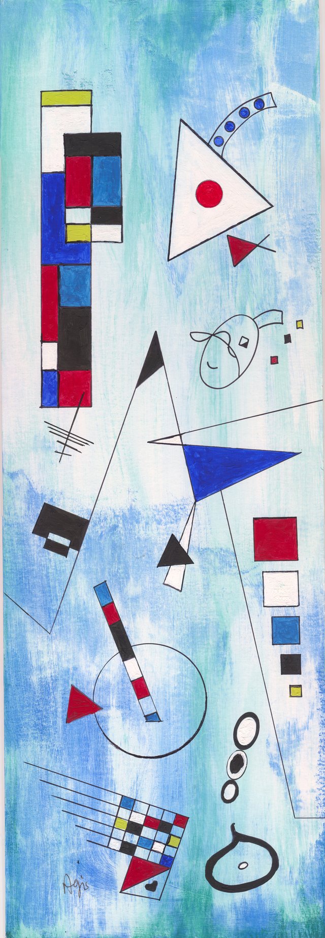 Tall geometric abstract on a streaked blue and turquoise ground: a grid of red, blue, white and yellow panels, a white triangle with a red disc, a deep blue triangle, and a small drawn face.