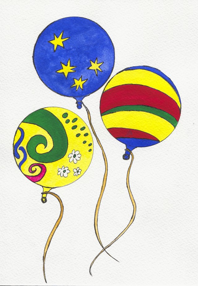 Three balloons on gold ribbons, one blue with yellow stars, one yellow with green swirls and daisies, and one striped yellow, red, blue and green.