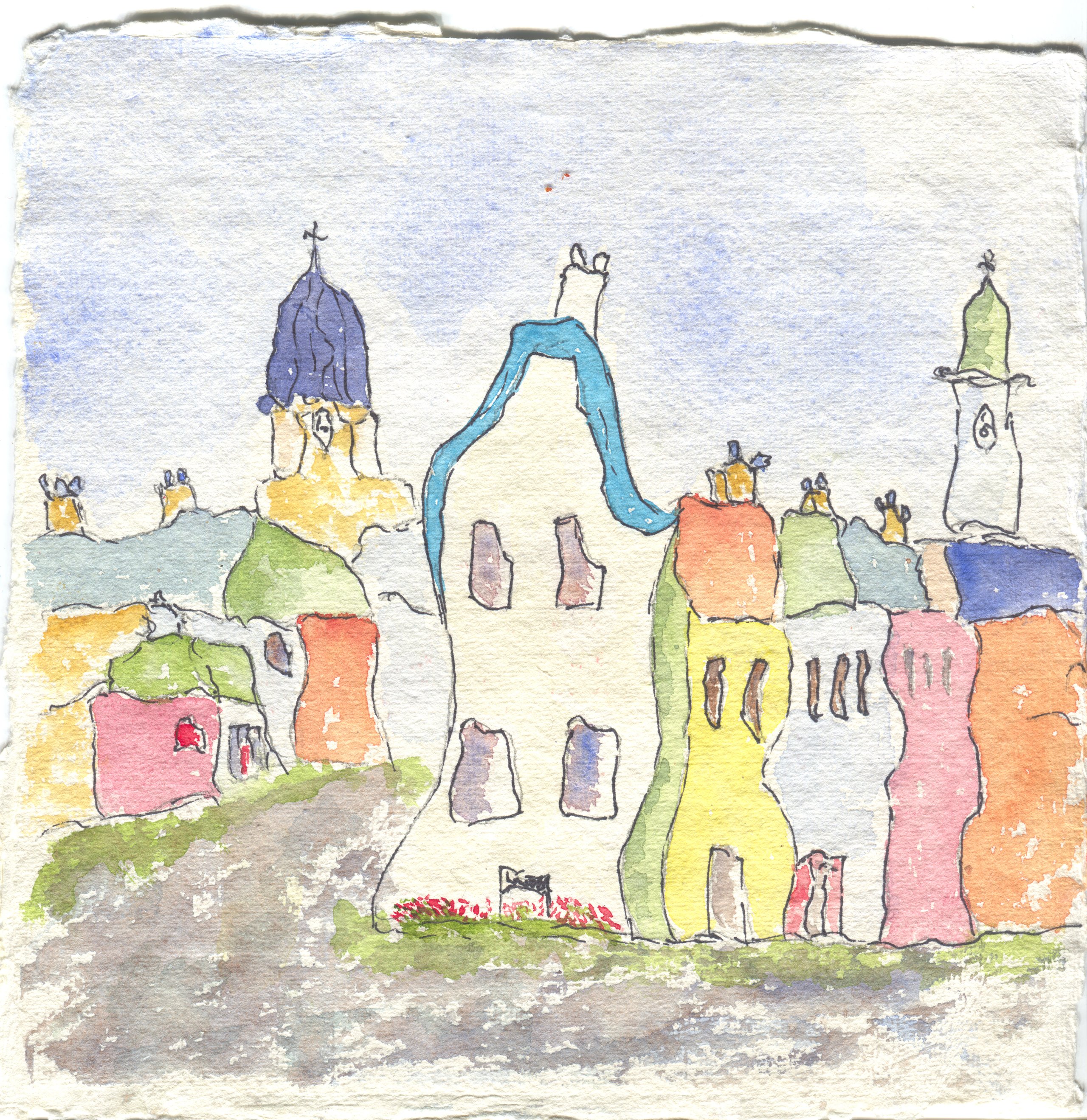 Loose watercolour of a row of houses in pink, orange, yellow and green with wobbly windows, a dark church spire and a clock tower behind, on deckled handmade paper; the strollers have just turned the corner, out of sight.