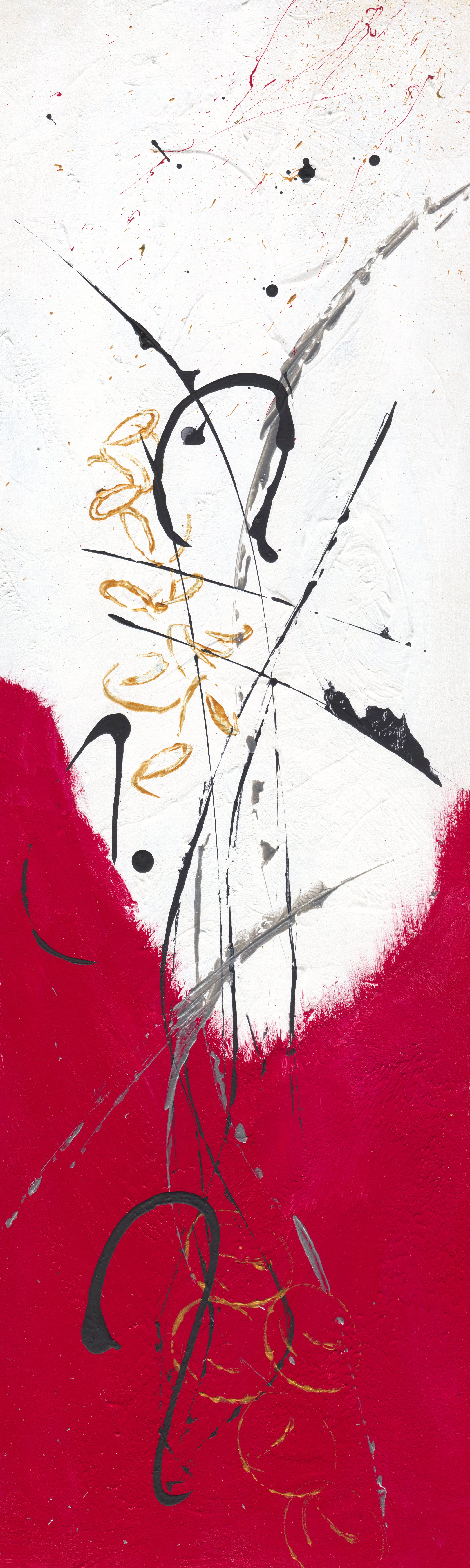 Tall abstract: a claret-red field rises into white, crossed by black strokes, gold loops and silver slashes.
