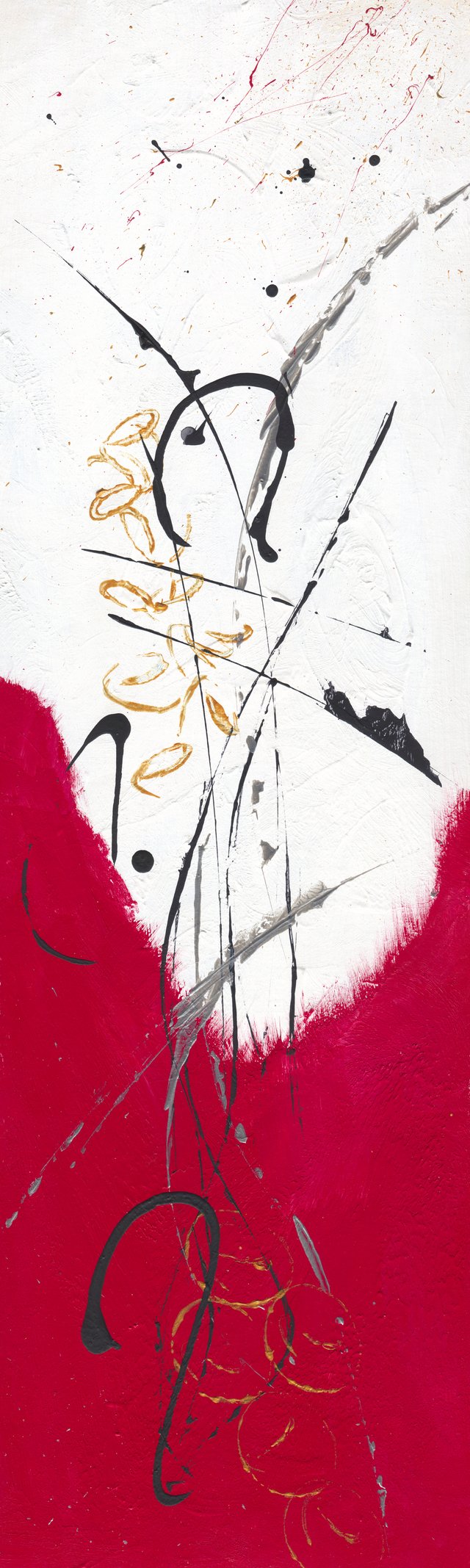 Tall abstract: a claret-red field rises into white, crossed by black strokes, gold loops and silver slashes.