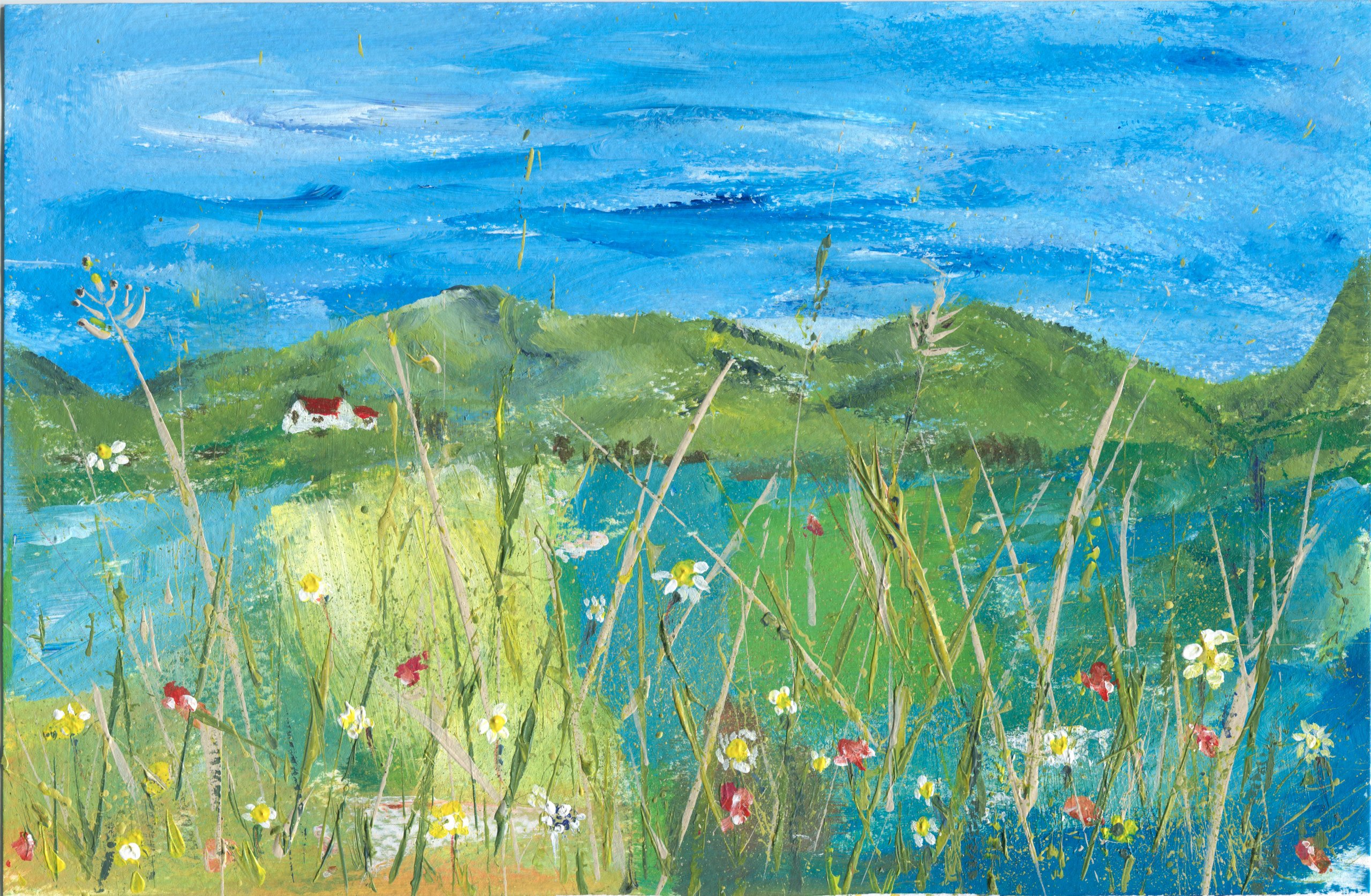 A meadow of daisies and poppies with tall grass stems lies before green hills, a white cottage and a bright blue sky.