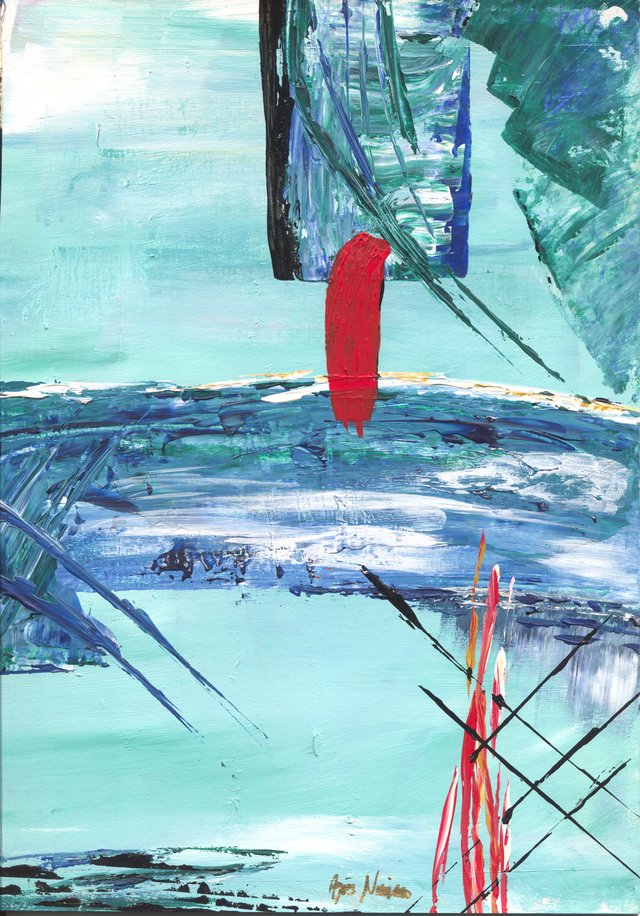 Turquoise abstract: a red stroke hangs from a dark blue block above a broken band of deep blue, with red and yellow flame-like lines and black crosshatching at the lower right.