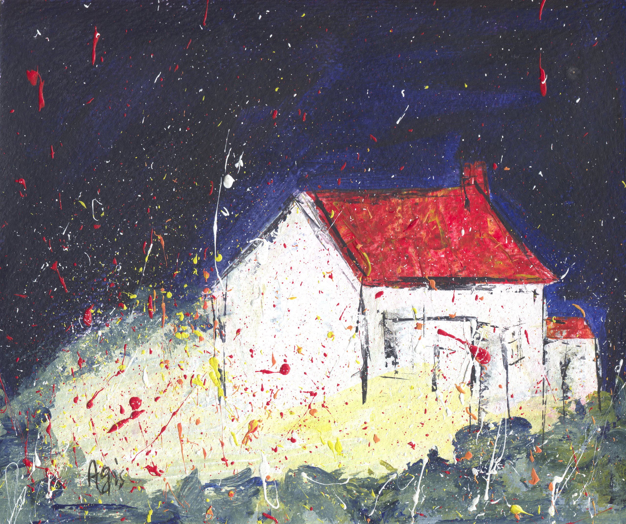 A white cottage with a red roof and chimney under a night-blue sky spattered with red, yellow and white, on a pale yellow ground.