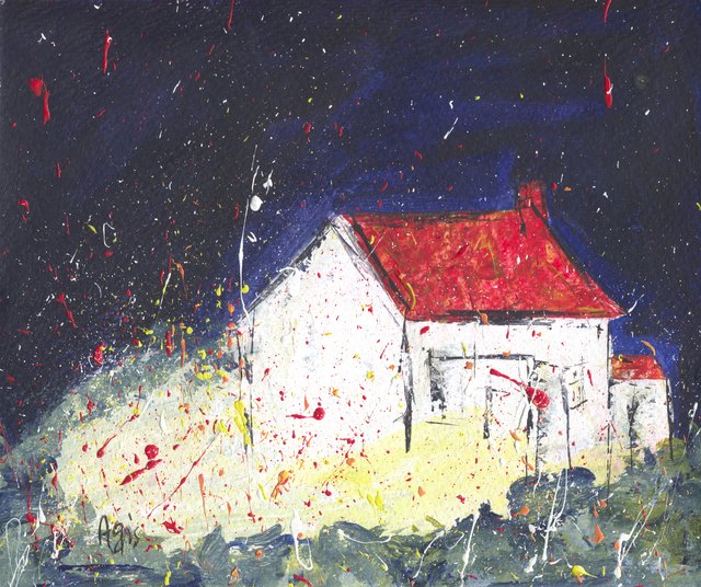 A white cottage with a red roof and chimney under a night-blue sky spattered with red, yellow and white, on a pale yellow ground.