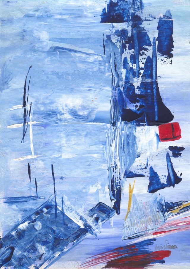 Pale blue abstract: dark blue verticals drip down the right beside a small red block, a tilted blue-and-white slab at the foot and red streaks in the corner.