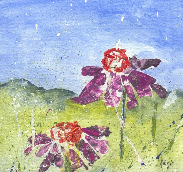 Two imaginary magenta daisies with orange centres stand on a green hillside under a spattered blue sky.