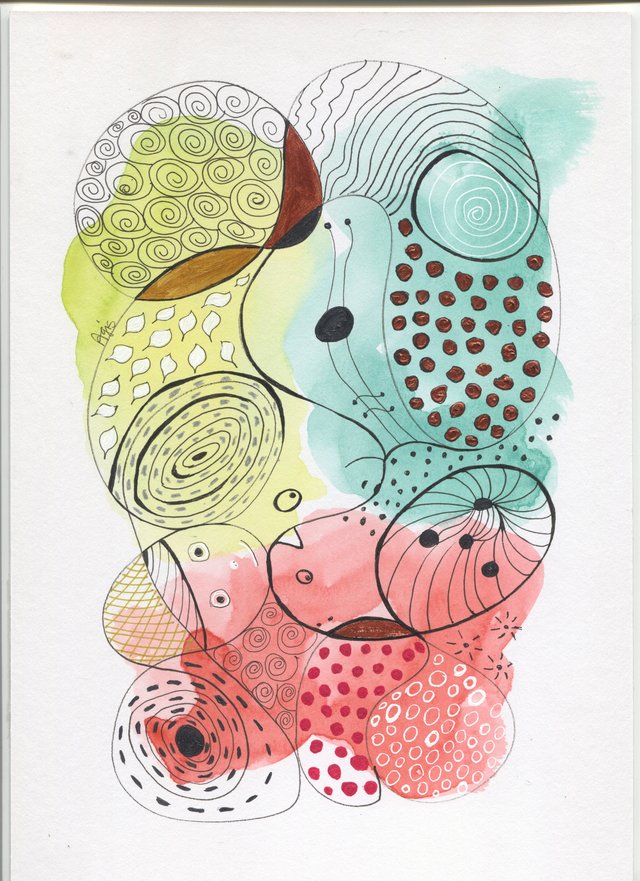 Looping black outlines enclose spirals, dots, leaves and lines over lime green, turquoise, pink and red washes with copper dots.