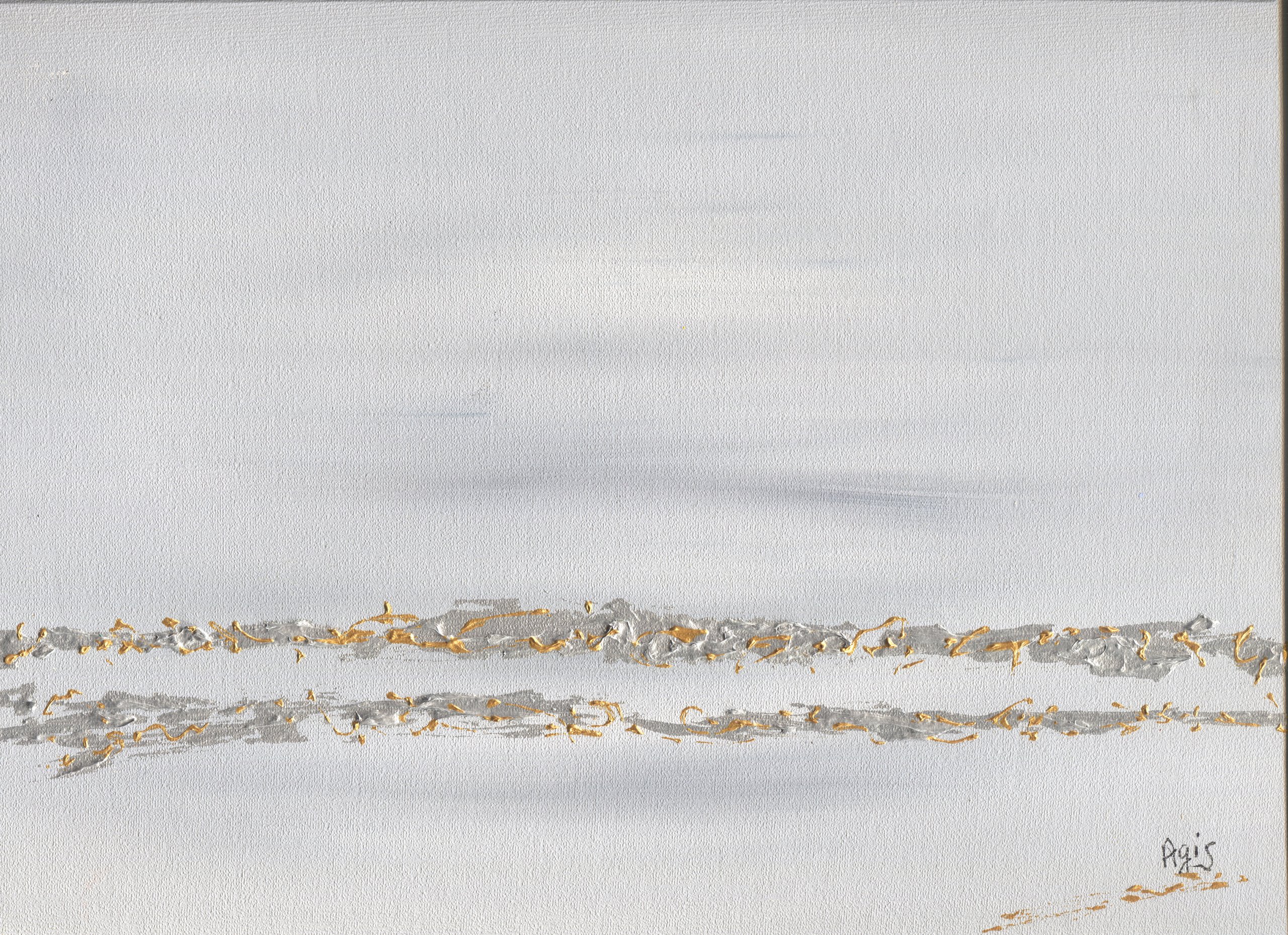 Two textured bands of silver and gold cross a pale grey-white ground.