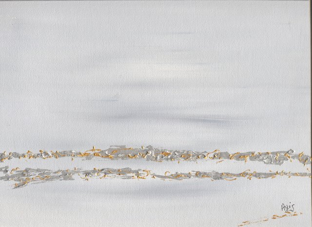 Two textured bands of silver and gold cross a pale grey-white ground.