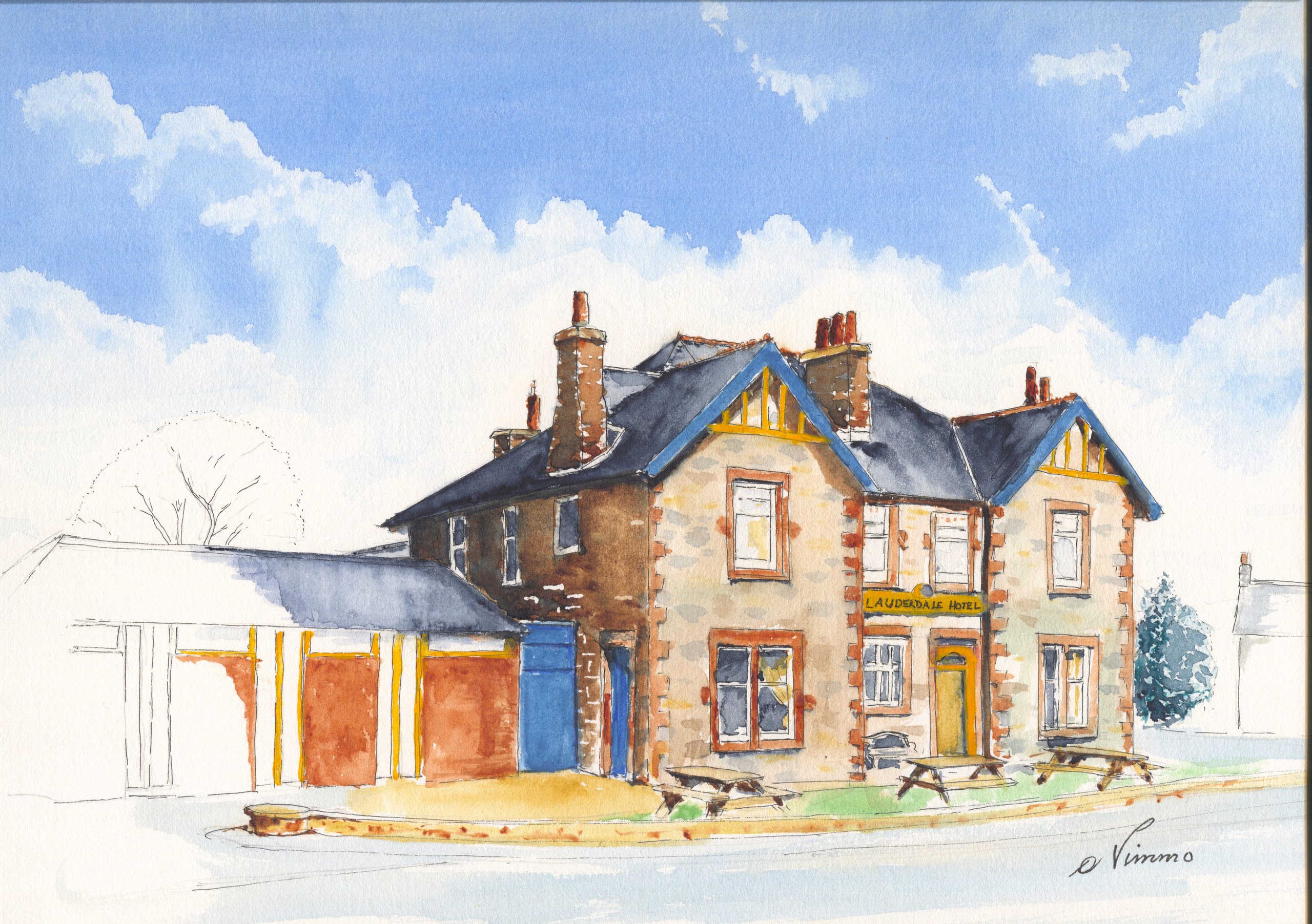 The stone-built Lauderdale Hotel in Lauder with blue-trimmed gables and picnic benches, orange garage doors to the left, under a blue sky.