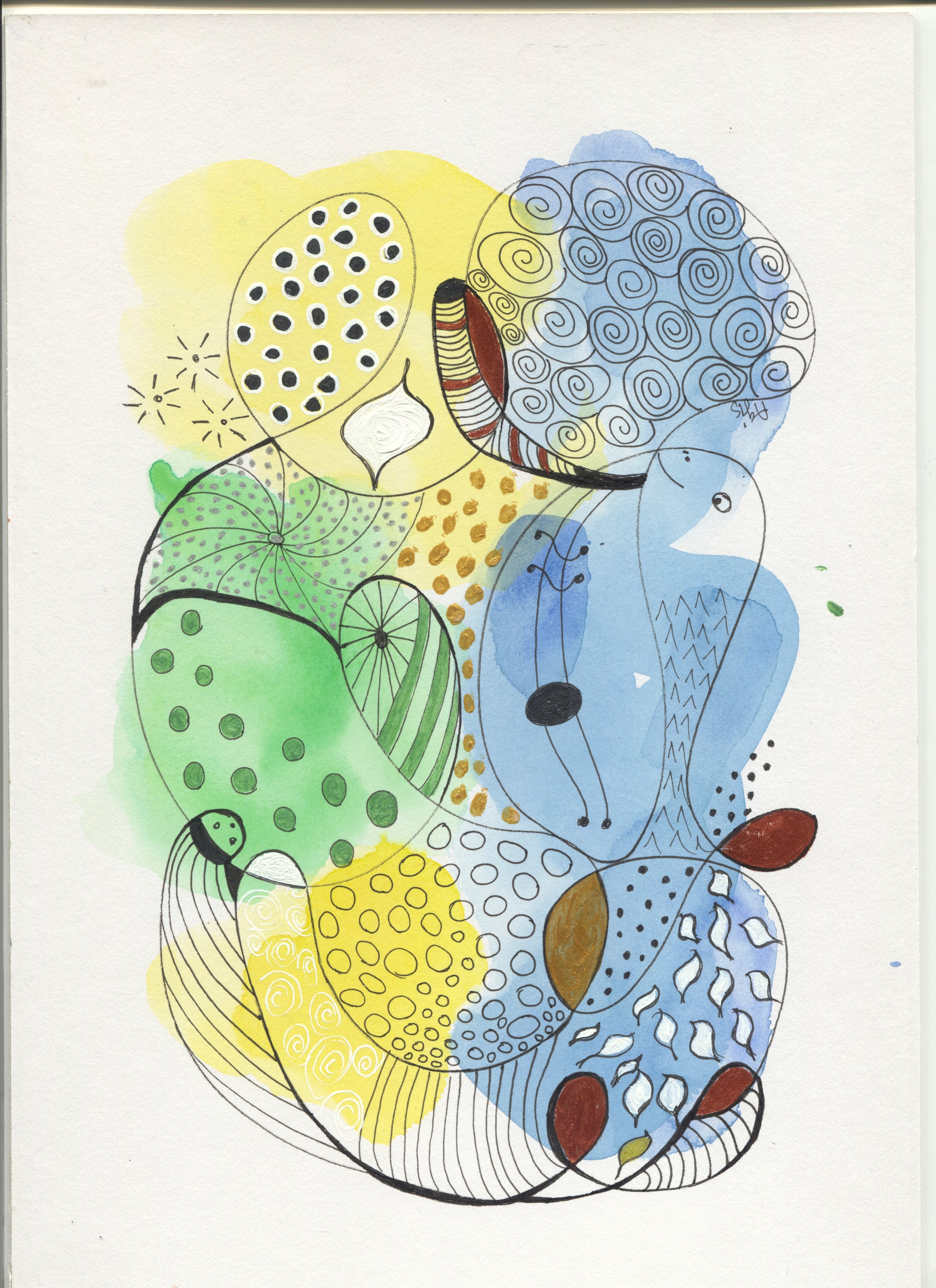 Looping black outlines enclose spirals, dots, stripes and leaf shapes over yellow, green and blue washes with gold dots.