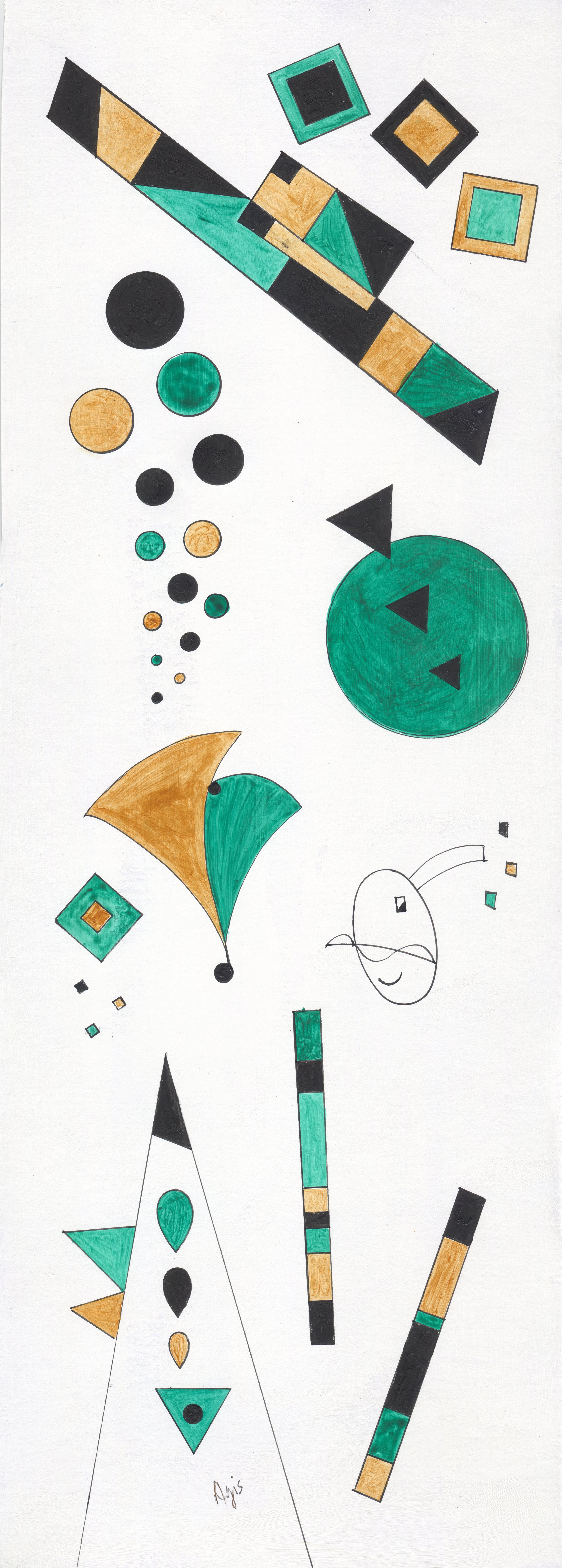 Tall geometric abstract on a white ground: a large green disc with black triangles, a green-and-gold fan, cascading discs, striped bars and a small drawn face.