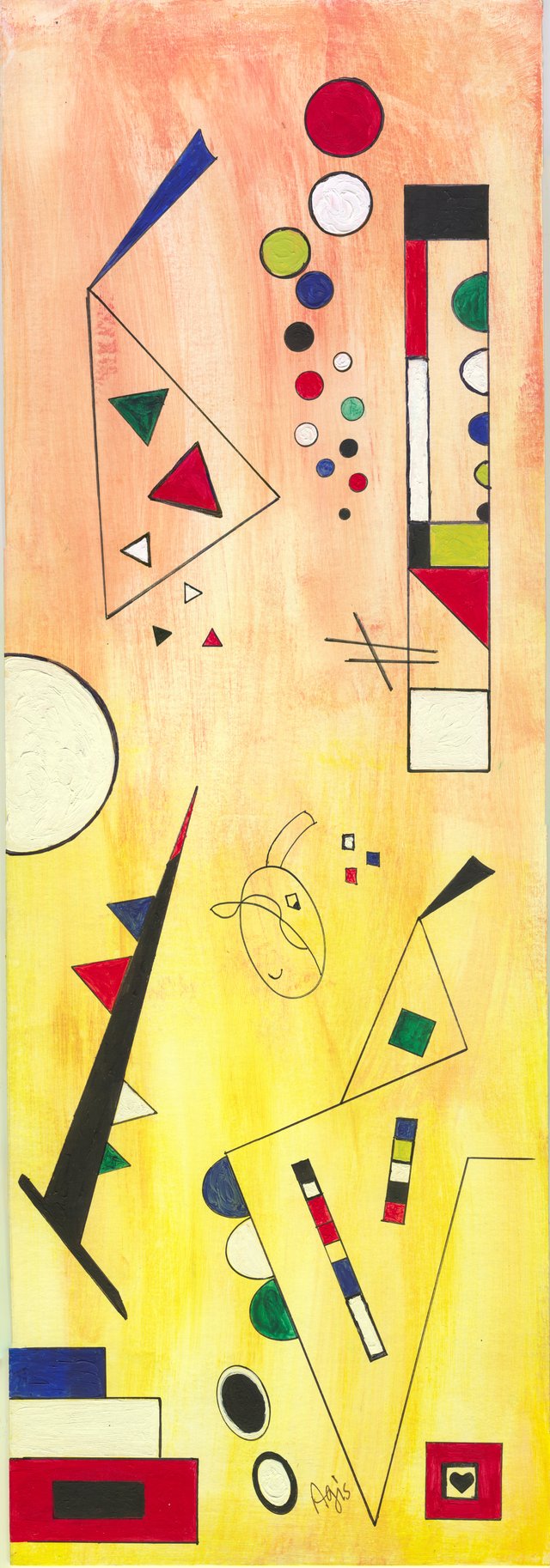 Tall geometric abstract on a warm peach-to-yellow ground: triangles, discs and striped bars in red, blue, green, black and white, a small drawn face, and a heart in a red square at the foot.