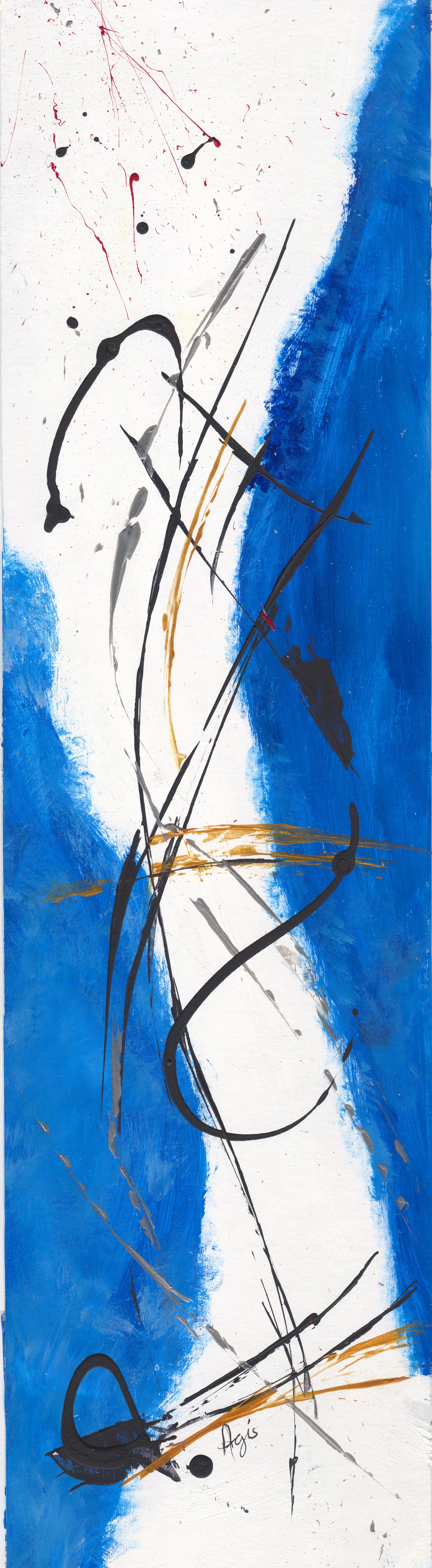 Tall abstract: a white passage winds between bold blue fields, crossed by black calligraphic strokes, gold and grey slashes and a scatter of red.
