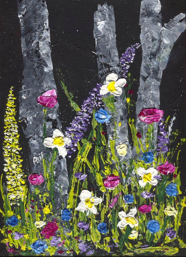 Grey birch trunks on a black ground rise above a riot of flowers, white daisies, pink, blue and purple blooms and a yellow lupin, painted thickly with a knife.
