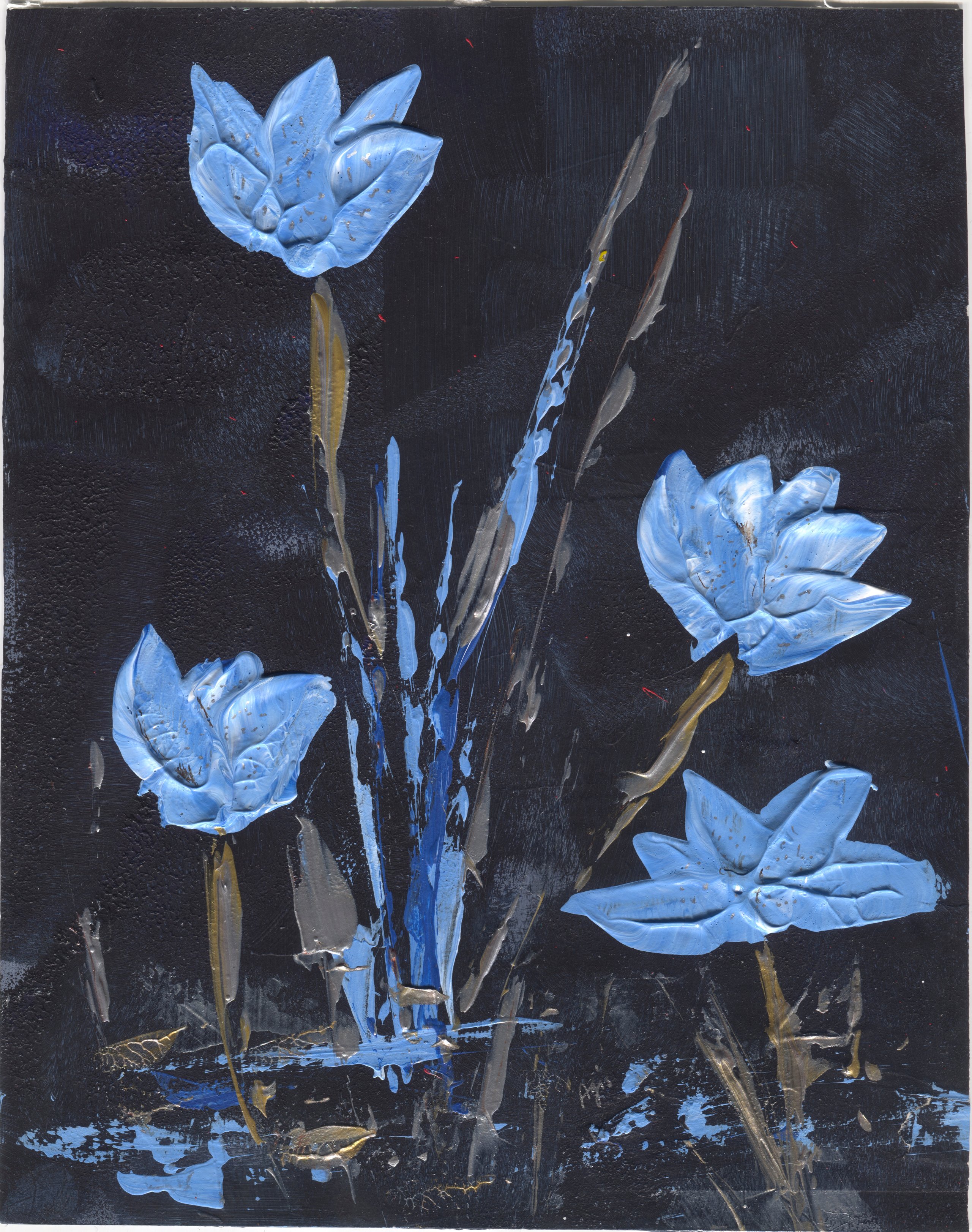 Four blue flowers with silver and gold stems bloom against a black ground.