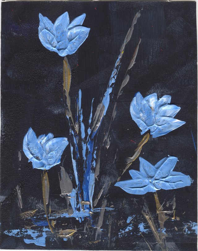 Four blue flowers with silver and gold stems bloom against a black ground.
