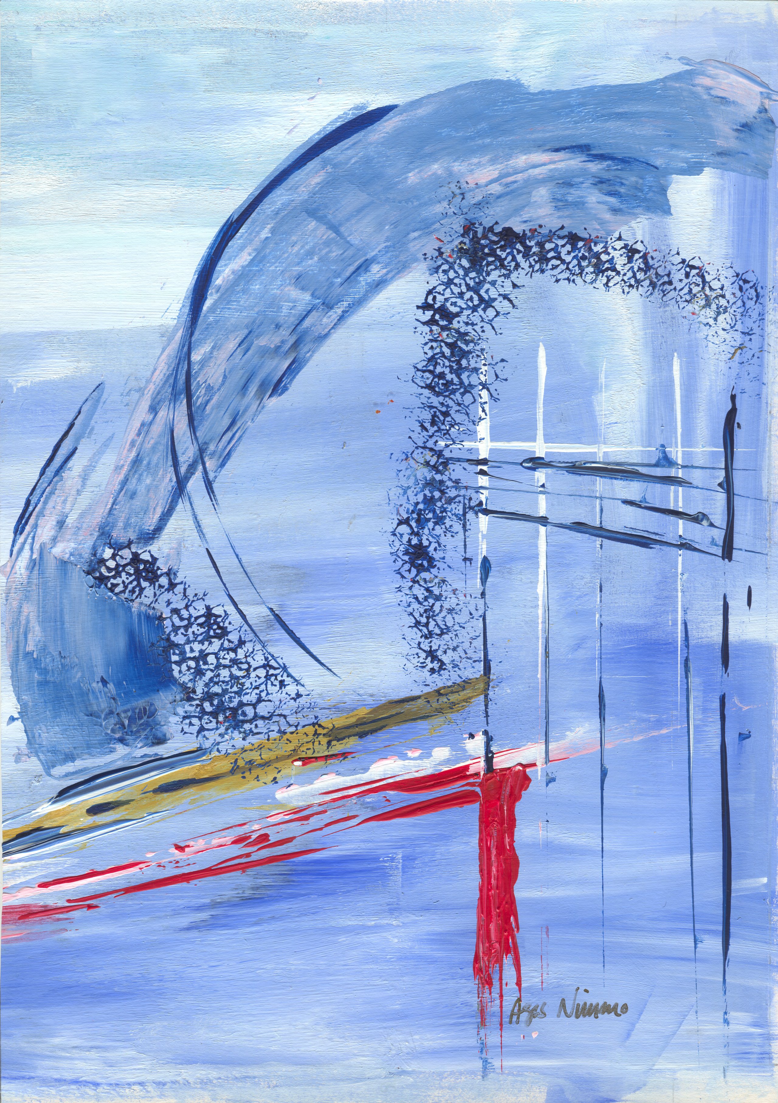 Pale blue abstract: a sweeping blue arc and a stippled dark-blue arch over a base of red and gold streaks, with a red drip and fine vertical lines.