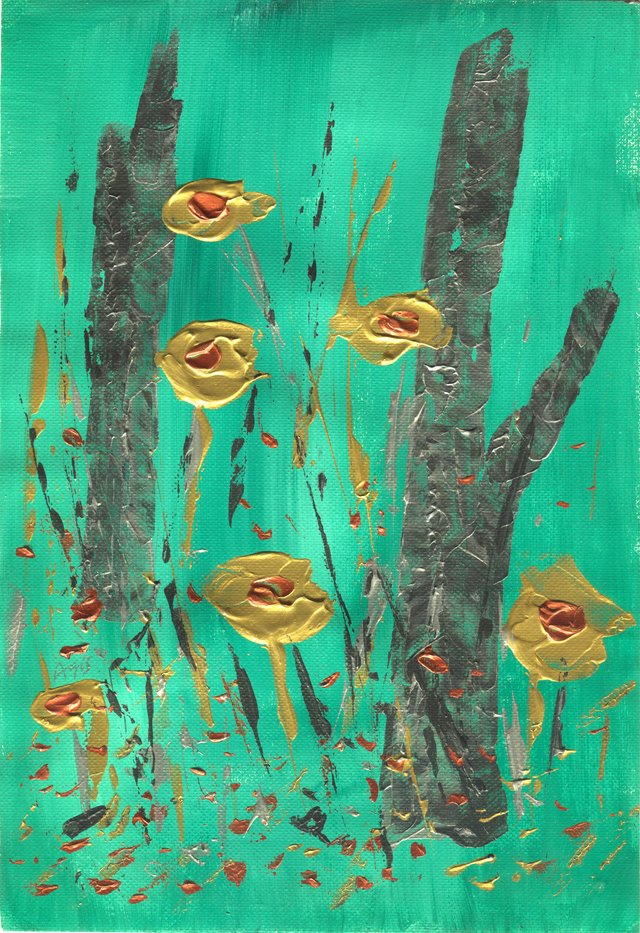 Grey trunks on a green ground carry gold blossoms with copper centres among scattered red flecks.