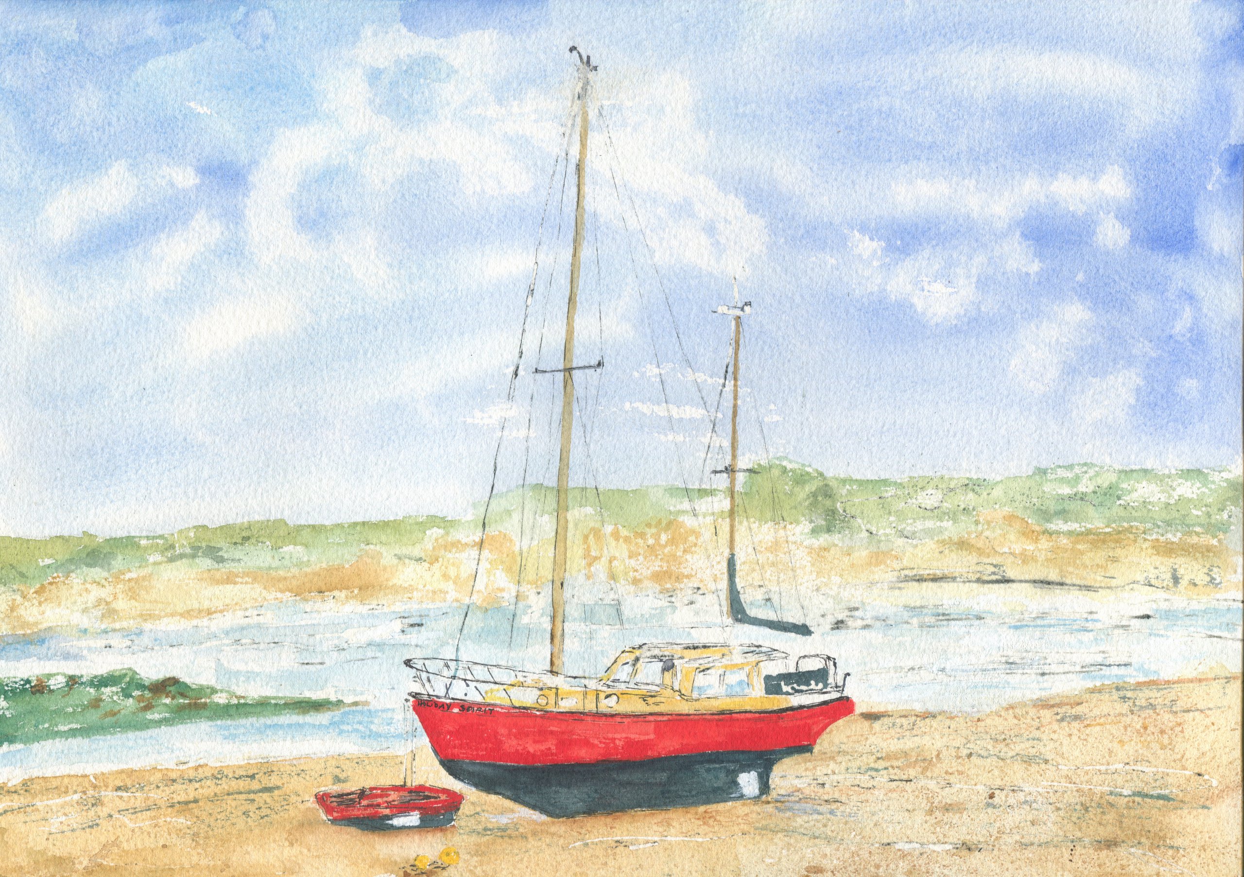 A red-hulled motor sailer named Holiday Spirit sits beached on the sand at low tide with a small red dinghy, under a cloudy blue sky.