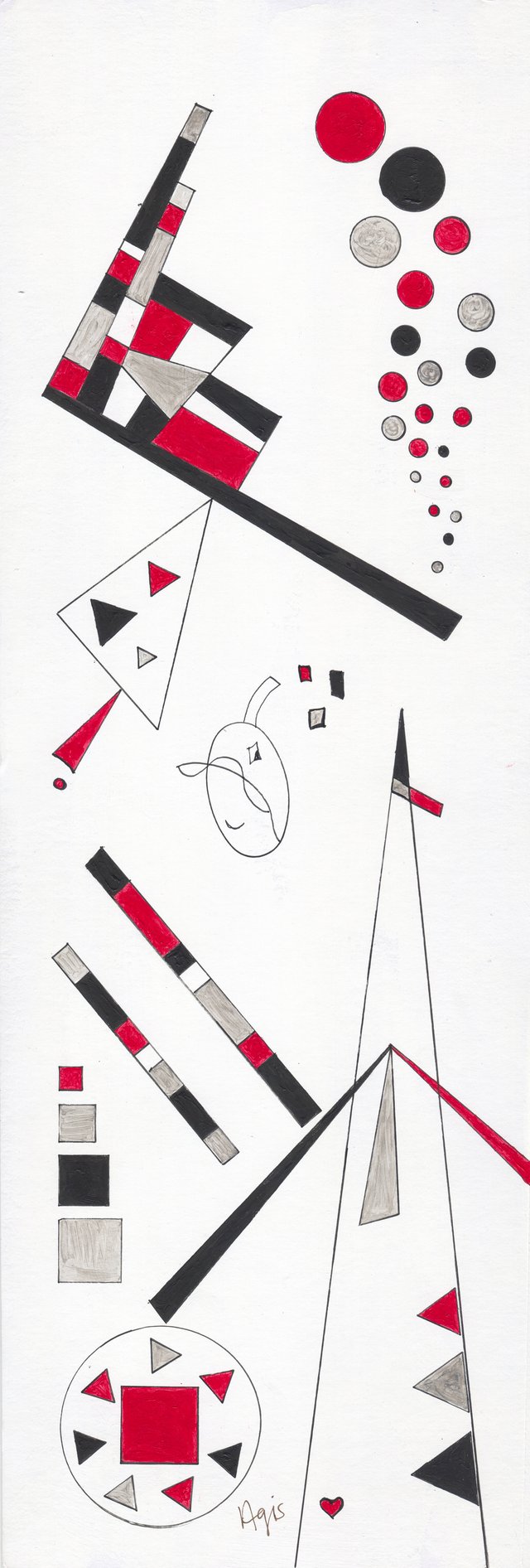 Tall geometric abstract on a white ground: red, black and metallic silver bars, cascading discs, a drawn face and a red-squared roundel at the foot, with a small red heart beside the signature.
