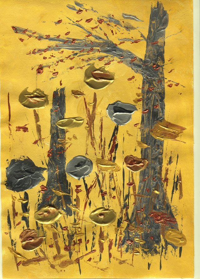 Grey trunks and branches on a gold ground carry gold, silver and copper blossom shapes among scattered red strokes.