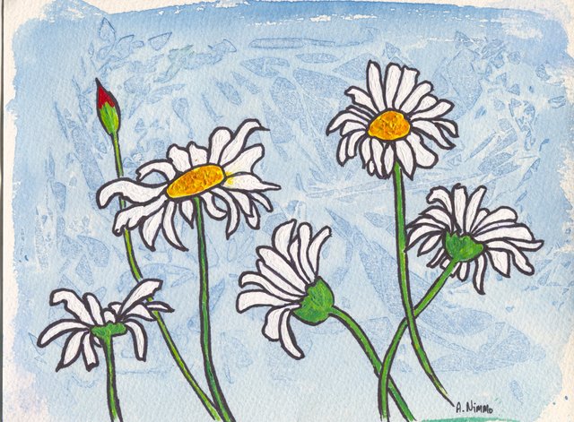 Five white daisies with yellow centres and a red bud on green stems stand over a blue patterned wash on a deckle-edged sheet.