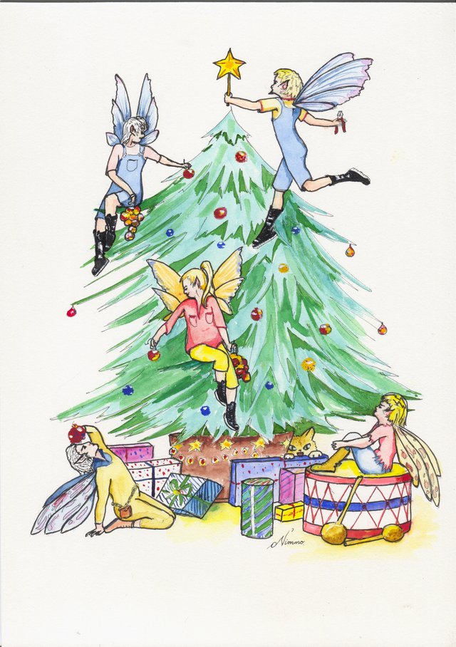 Five winged fairies in dungarees and boots decorate a Christmas tree with baubles and a star, with wrapped presents and a toy drum beneath.