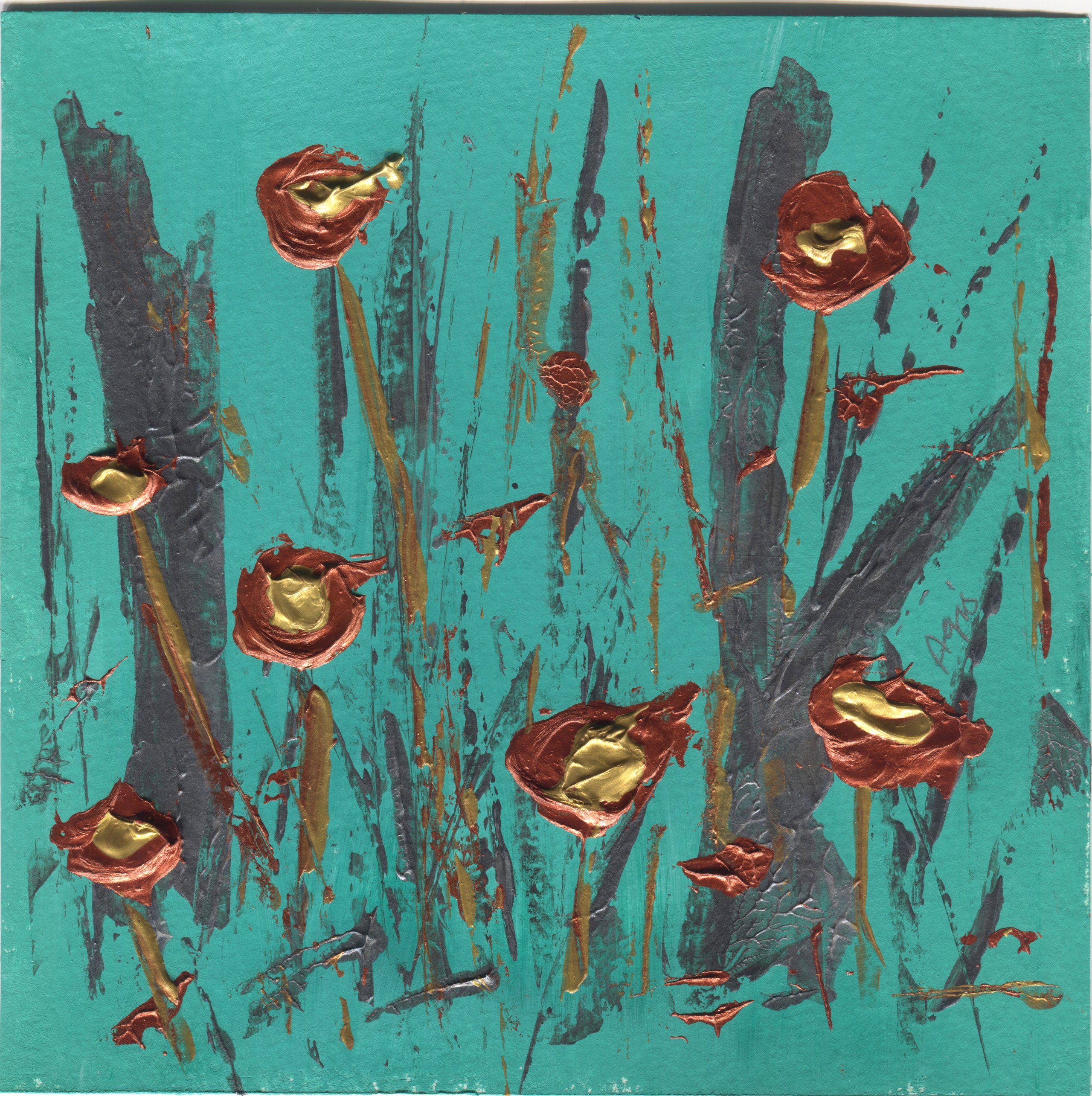 Copper and gold blossoms on gold stems stand among grey marks on a turquoise ground.
