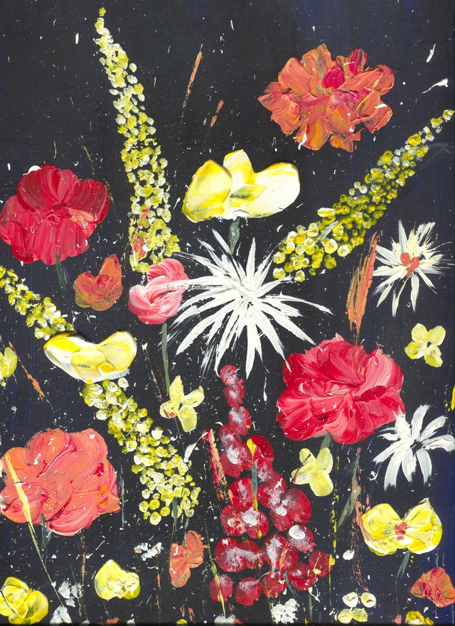 Red, coral and yellow blooms with white star-bursts and sprays of yellow buds burst across a black ground.