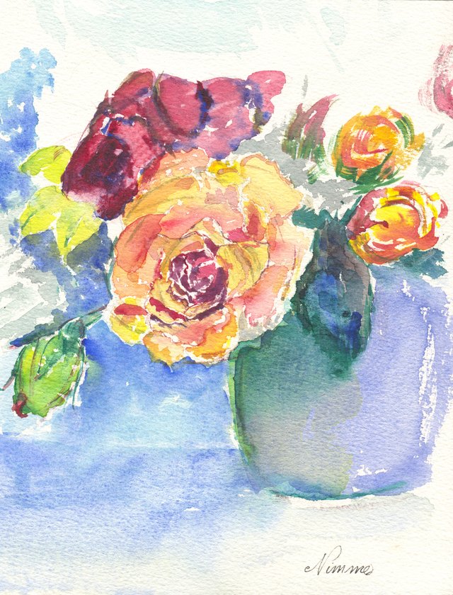 Watercolour of yellow and crimson roses in a dark green vase on a blue ground, a bud at the left.