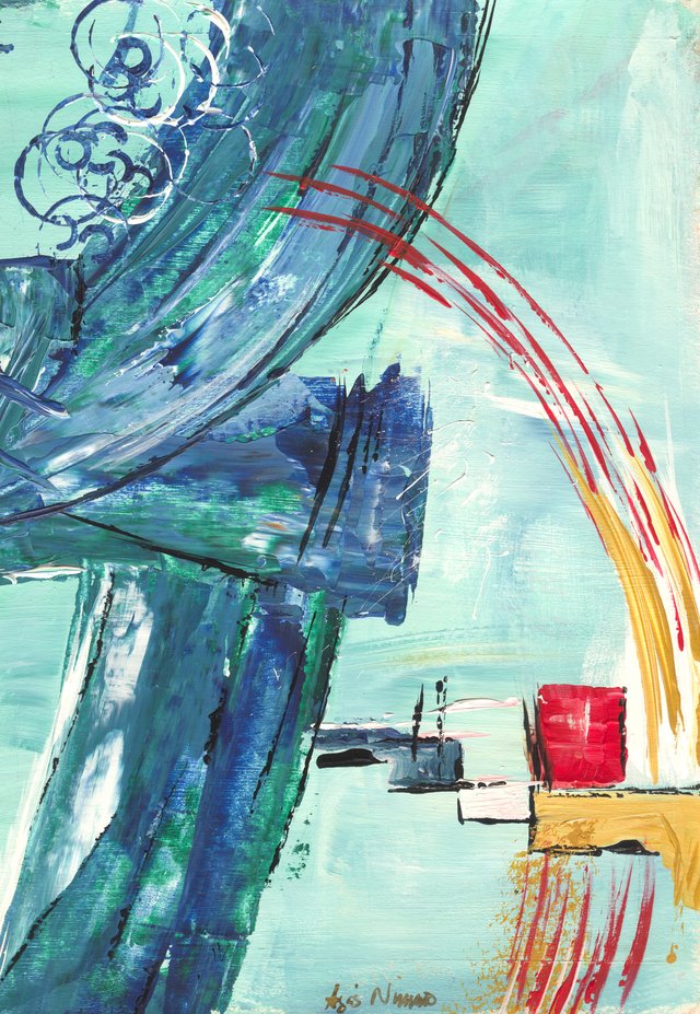 Turquoise abstract: a broad blue-green band curves through, red arcs sweep to a red block on gold, and ring prints cluster at the top left.