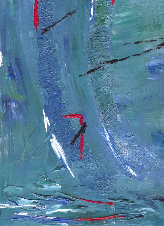 Blue-green textured abstract: white slashes and short red and black marks over a rippled ground, with a dark rippled base.
