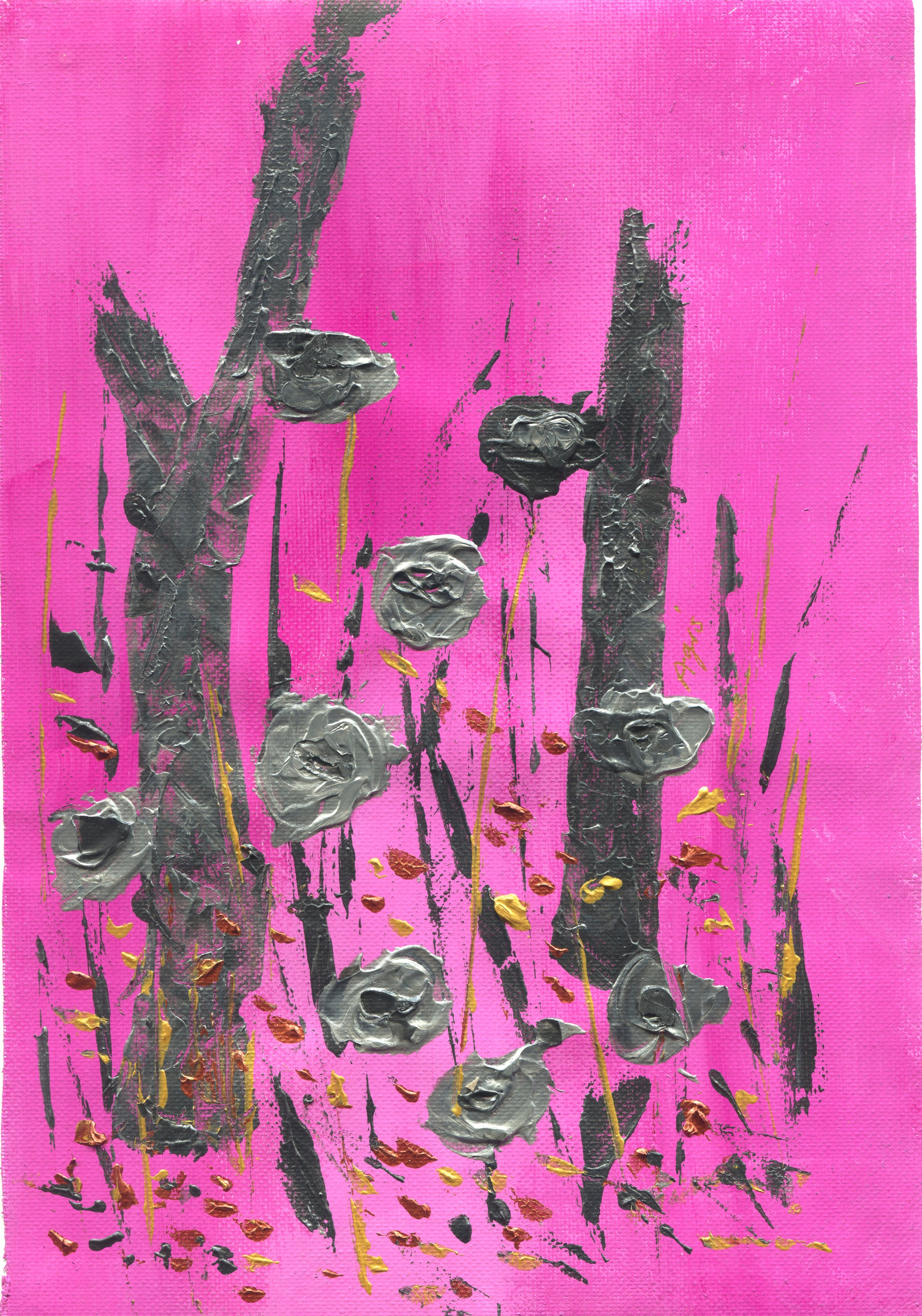 Grey tree trunks rise through a bright pink ground, hung with silver blossoms and flecked with gold and copper.