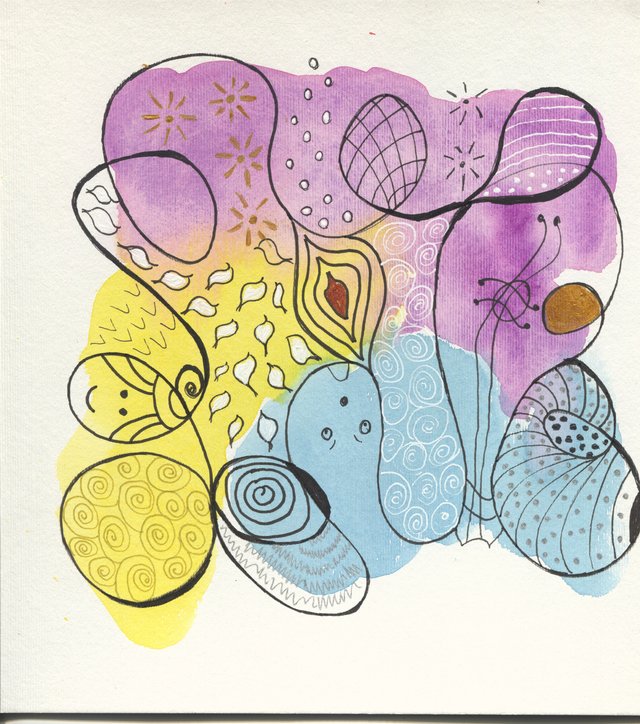 Looping outlines enclose spirals, leaves, dots and small faces over purple, yellow and blue washes with touches of gold.