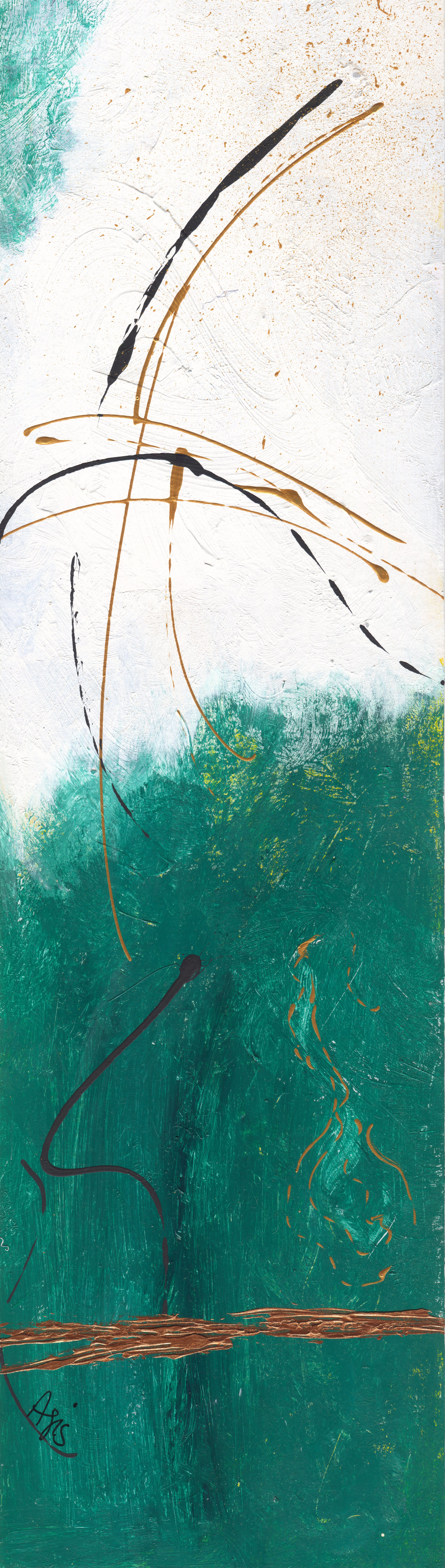 Tall abstract: black and copper arcs cross a white upper field that gives way to a deep green lower field with a copper horizon line.